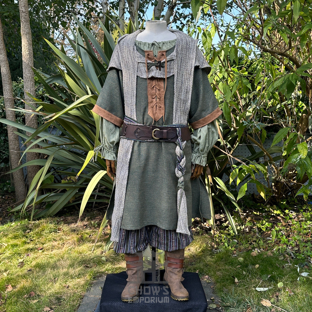 Green and brown woven medieval tunic with belt, front view, for LARP events.
