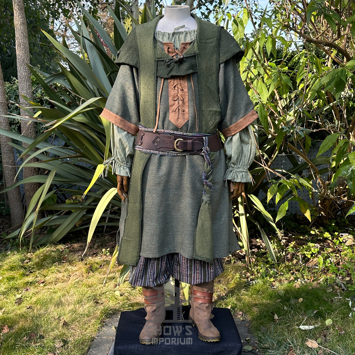 Green and brown medieval tunic for LARP with woven texture, front view.