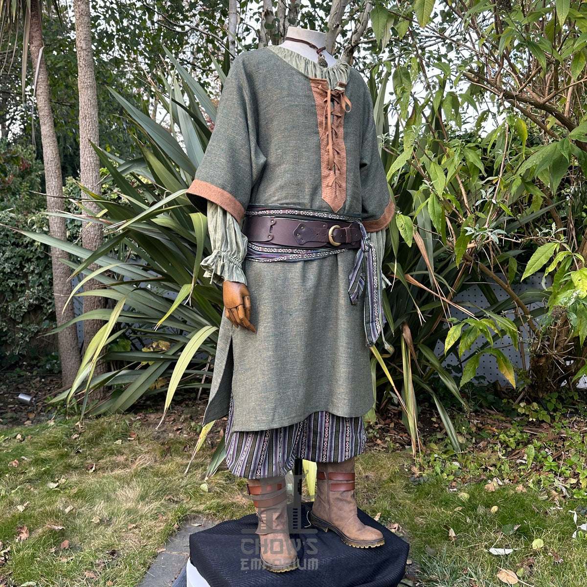 Green and brown woven medieval tunic with lace-up front for LARP.