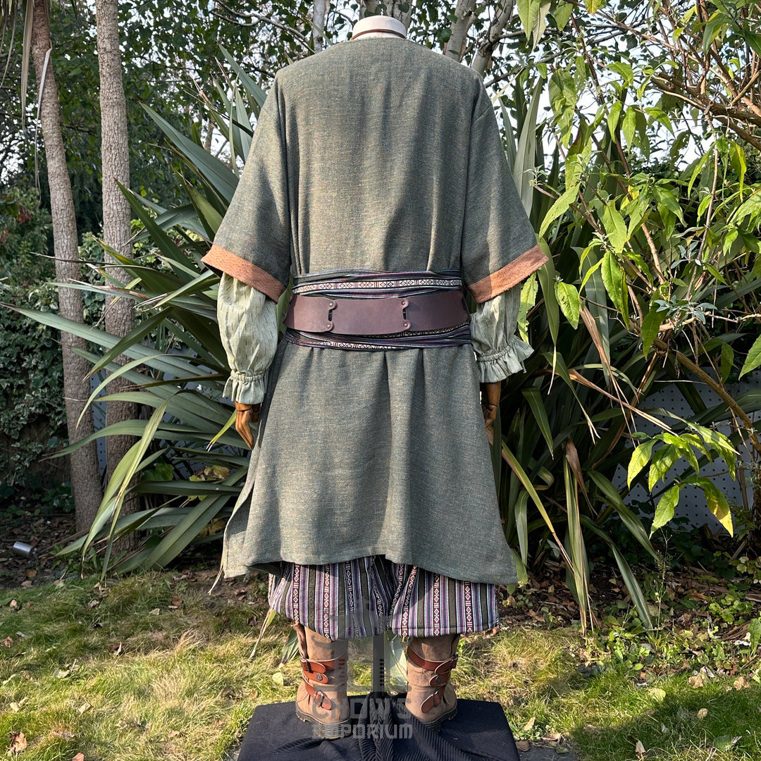 Back view of green and brown woven medieval LARP tunic with belt.