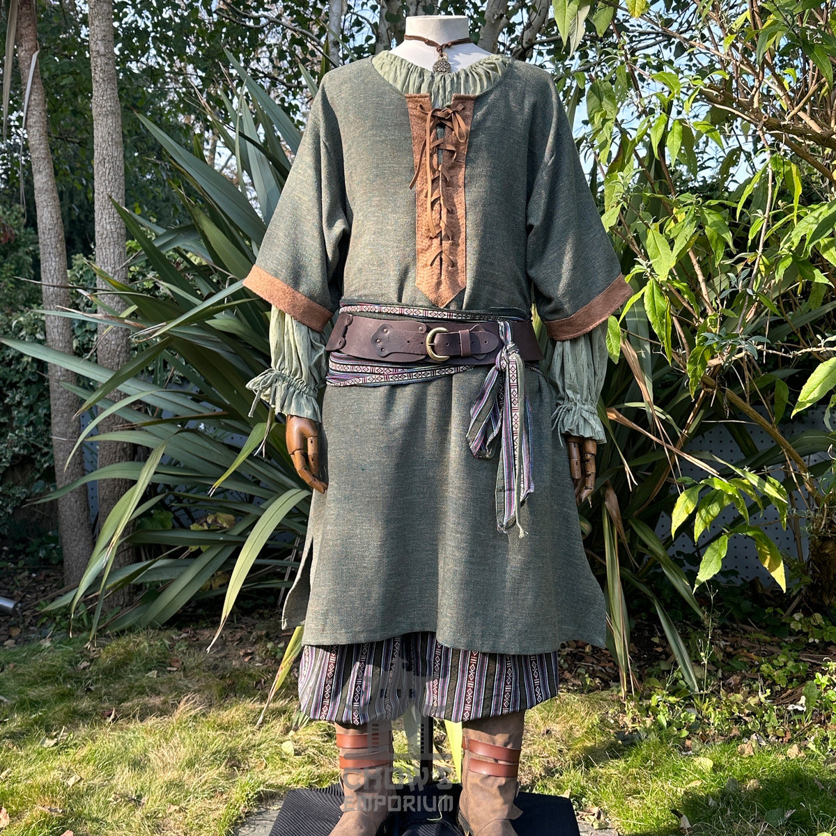 Green and brown woven medieval tunic with lace-up front for LARP events.