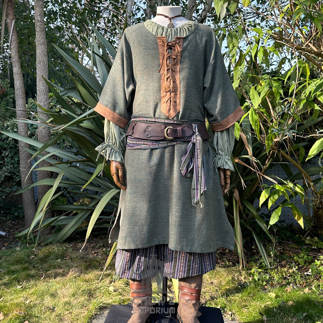 Green and brown woven medieval tunic with lace-up front for LARP events.