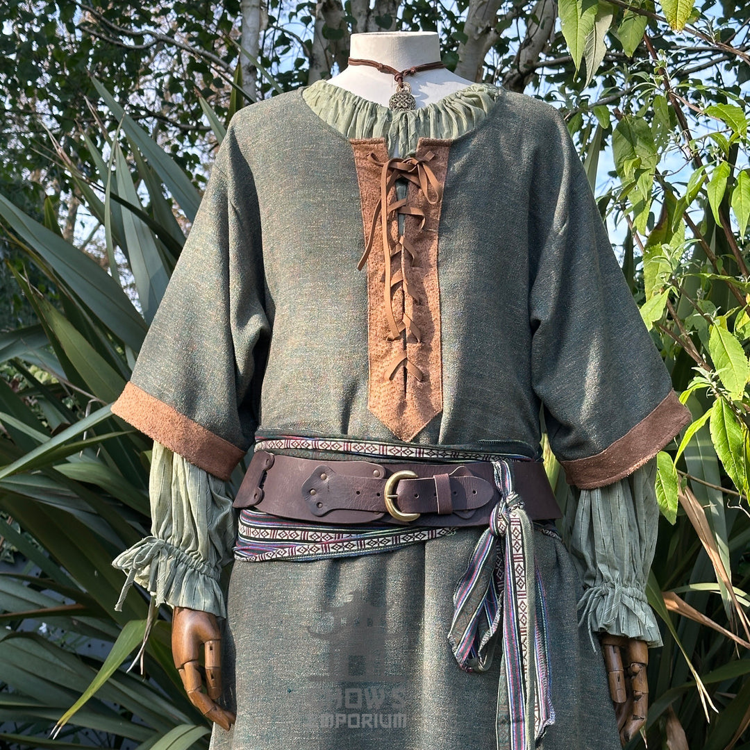 Green and brown woven medieval tunic for LARP with leather belt.