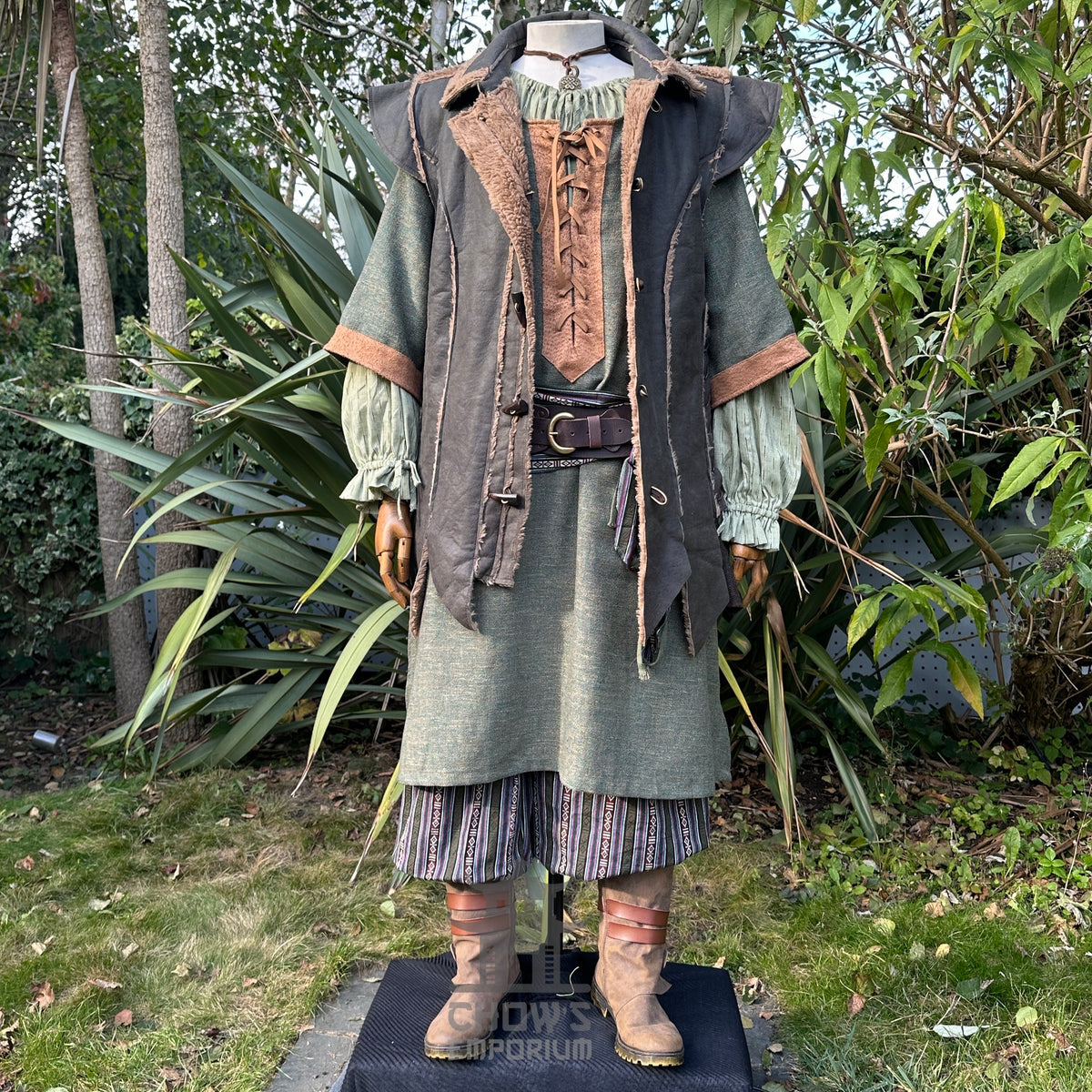 Brown and green medieval waistcoat with fur accents for LARP.