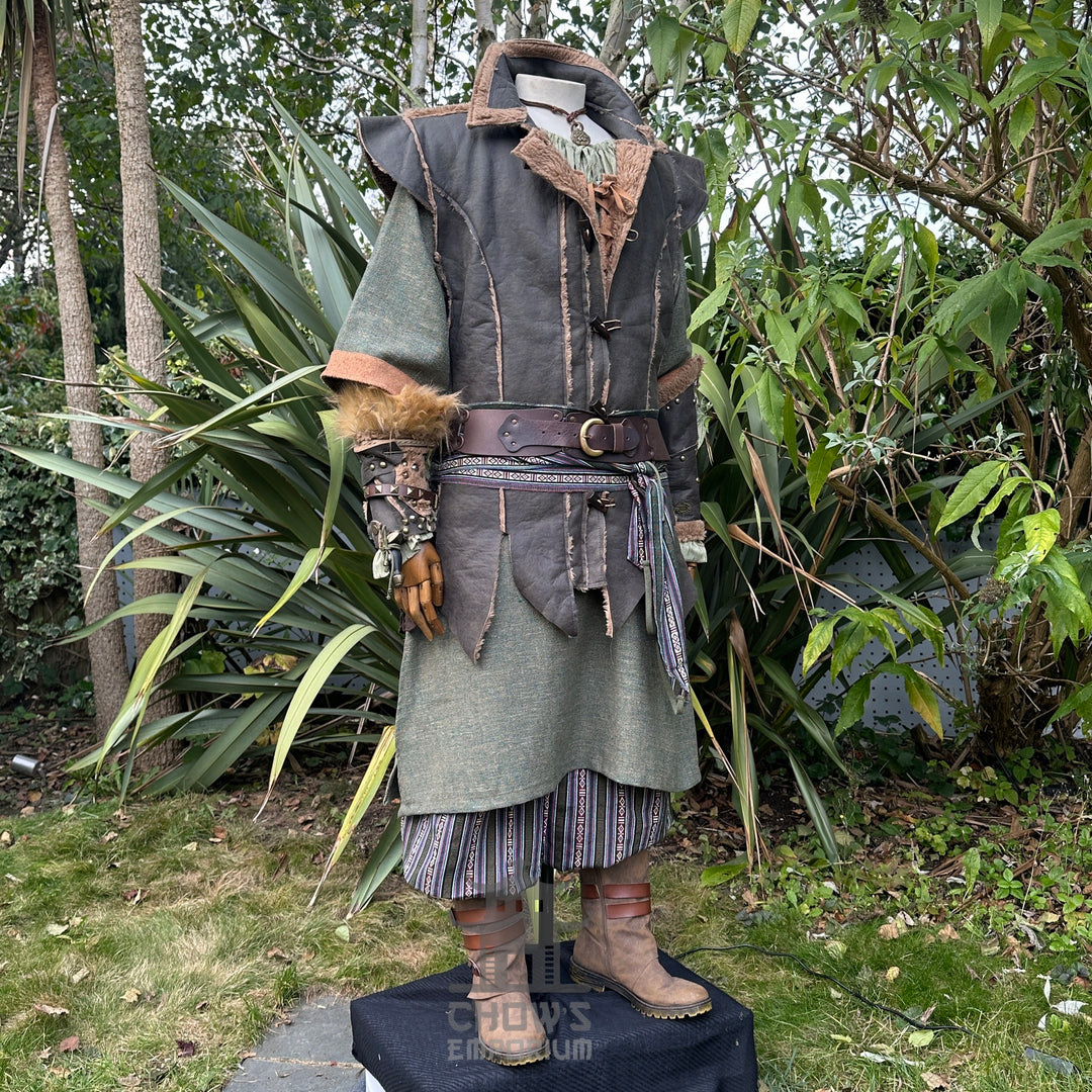 Forest Fighter LARP Outfit with green waistcoat, tunic, trousers, sash.