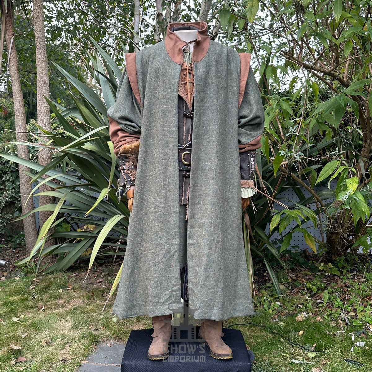 Medieval LARP robe with high collar, green-brown, styled with belt.
