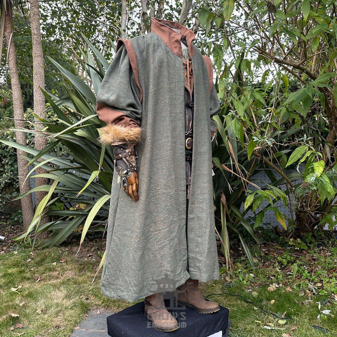 Full-length view of green and brown high-collar medieval LARP robe, authentic fantasy cosplay.