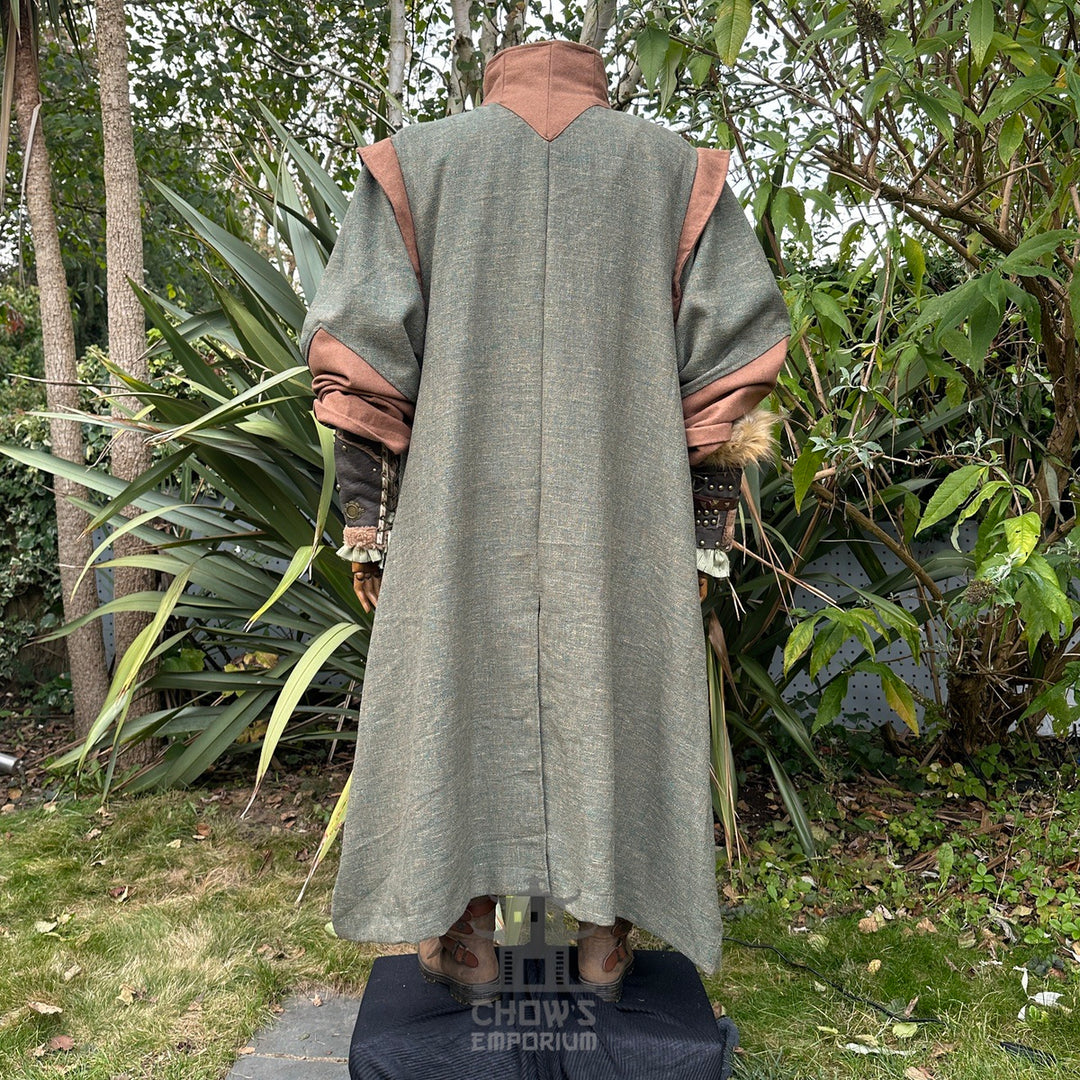 Back view of high-collar medieval LARP robe, green-brown.