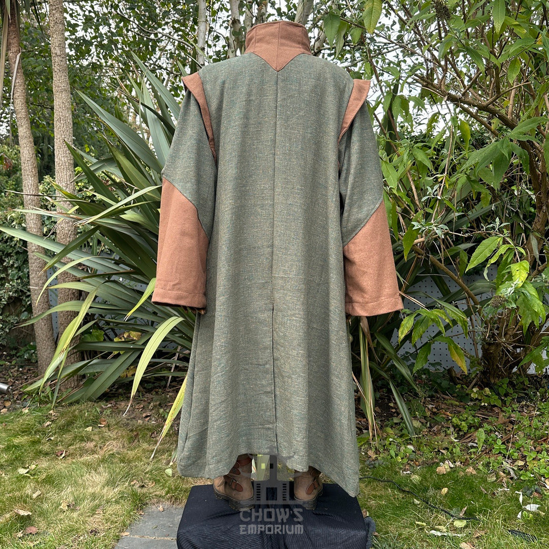 Back view of green-brown LARP robe with high collar.