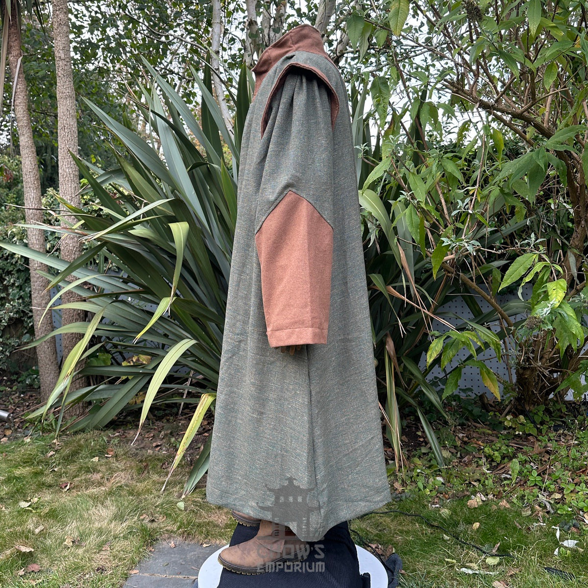 Side view of green and brown hooded medieval LARP robe, fantasy cosplay costume for rangers.