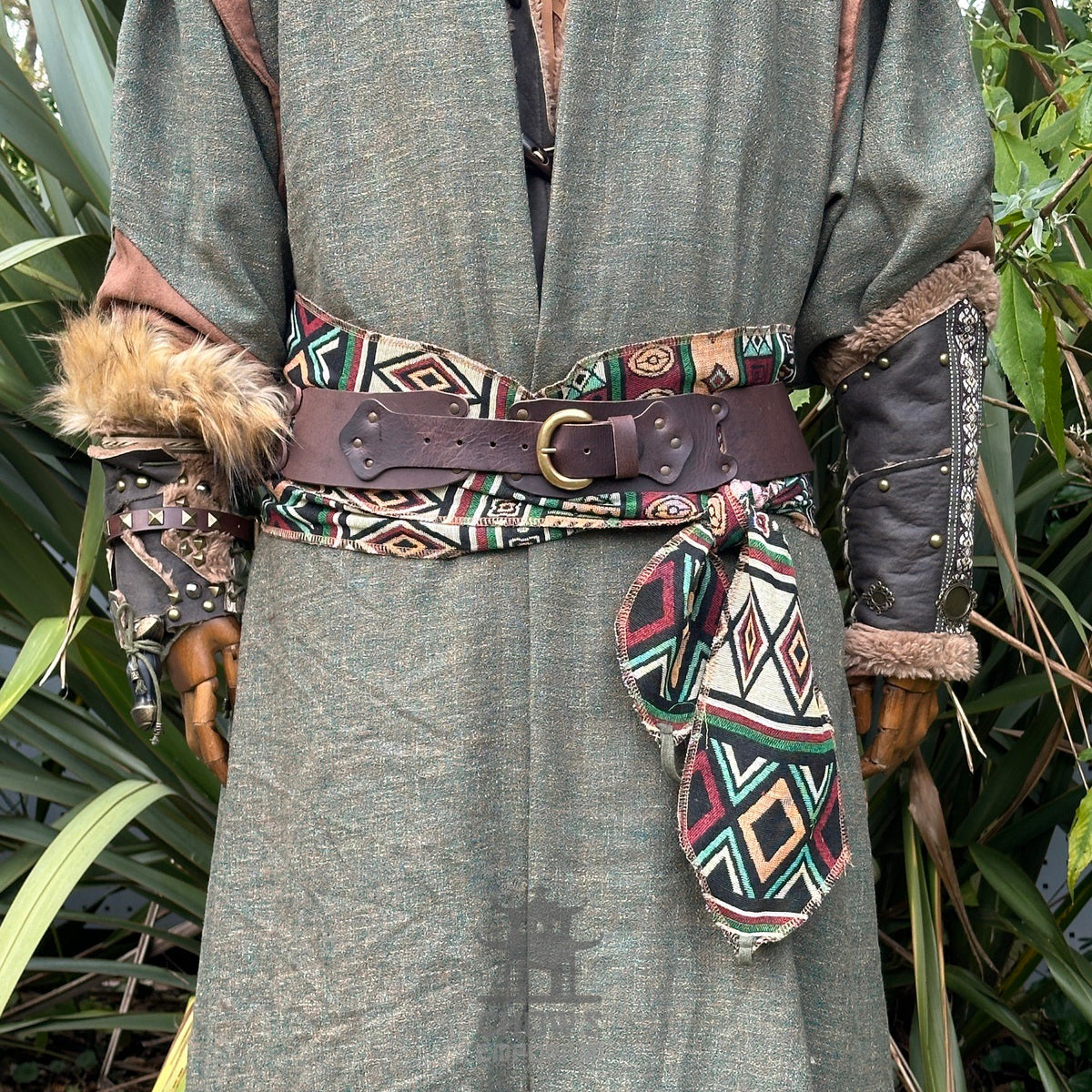 LARP green Aztec pattern belt and sash in buffalo leather, front view.