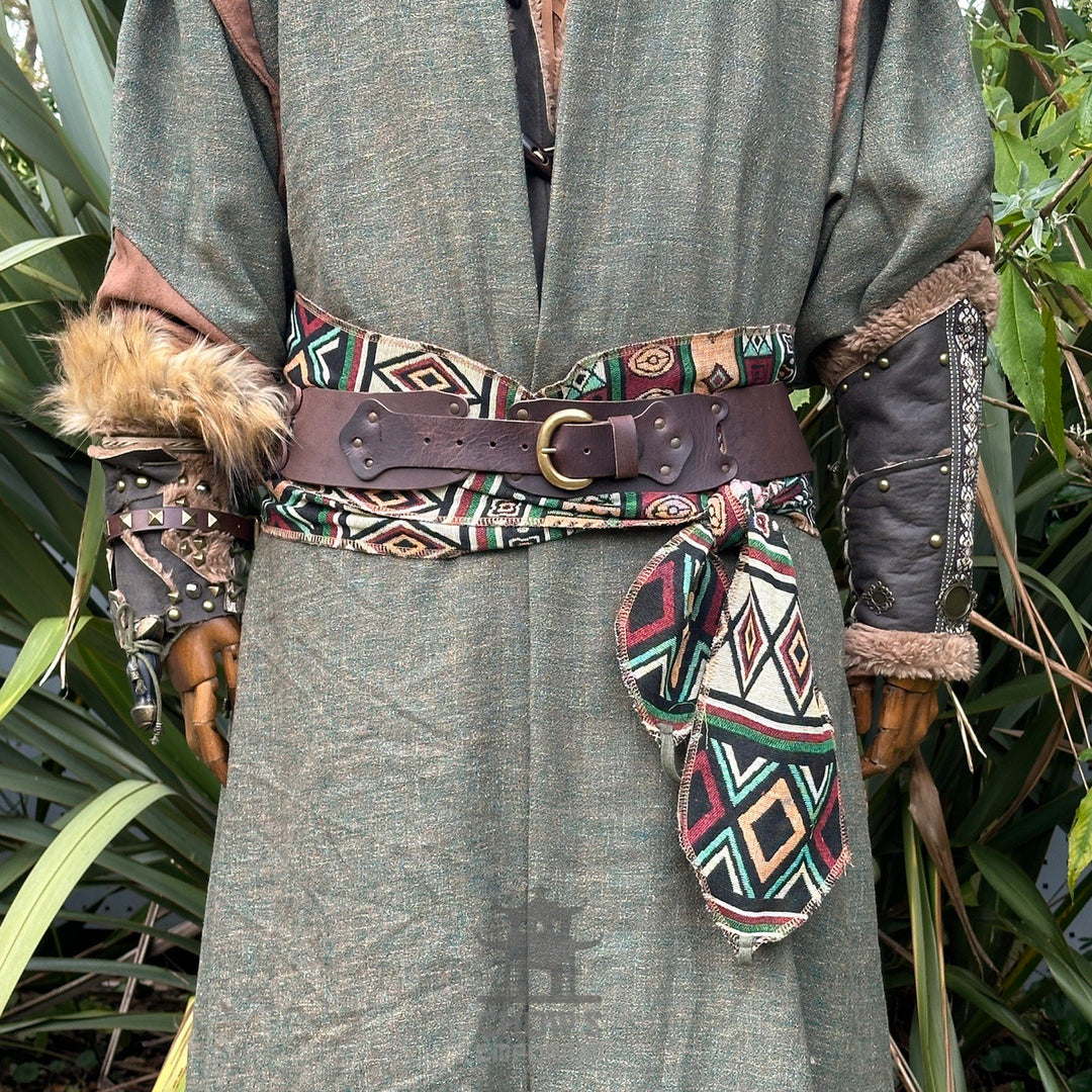 LARP green Aztec pattern belt and sash in buffalo leather, front view.