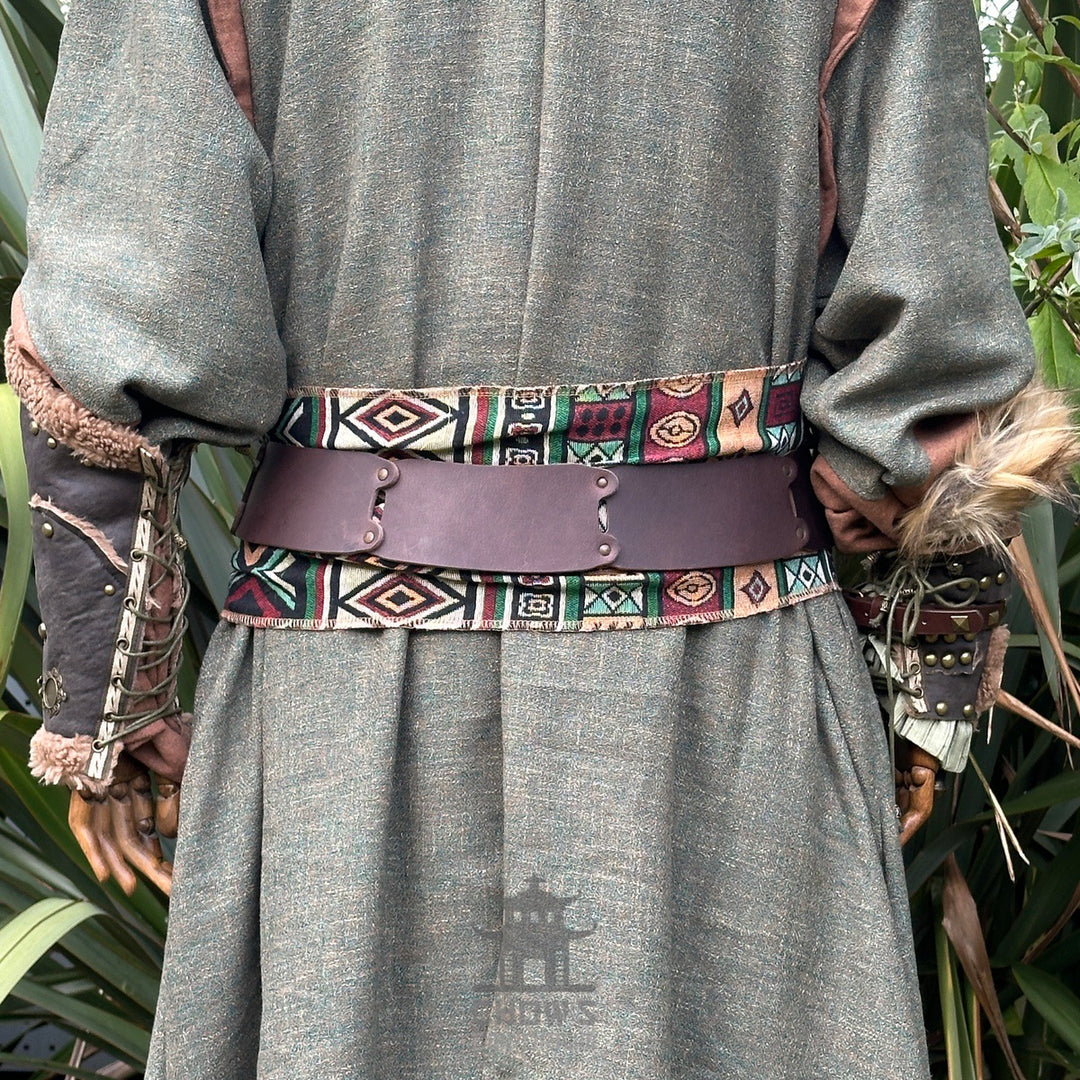 LARP medieval green Aztec sash and buffalo leather belt, rear view.