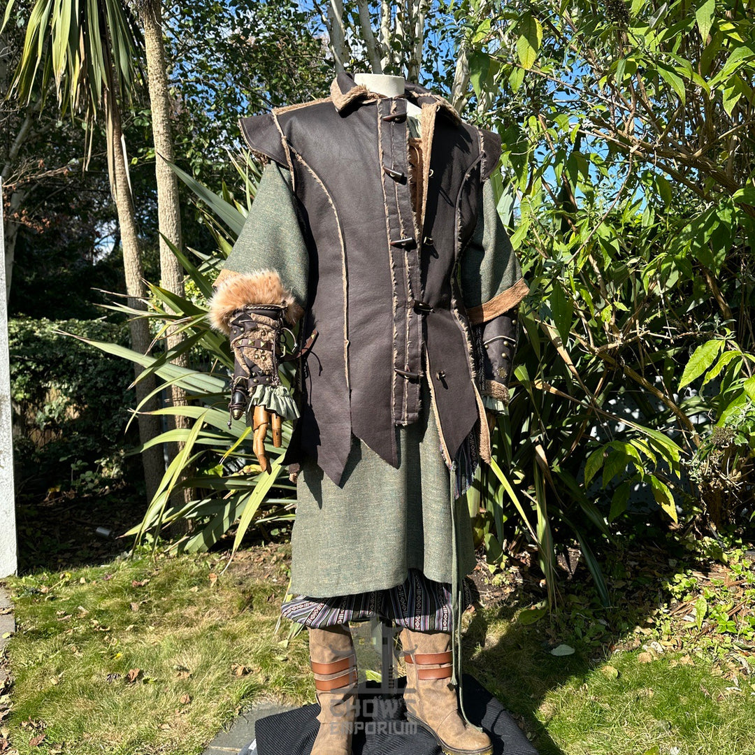 Mannequin in brown medieval faux leather waistcoat at an angle.