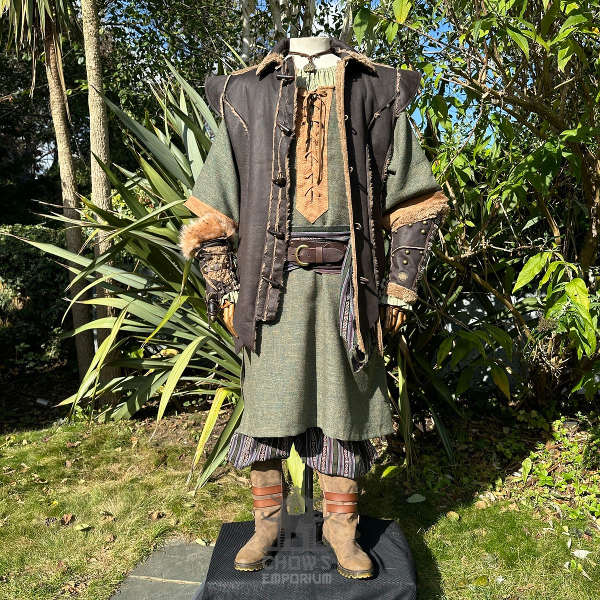 Brown medieval waistcoat styled with belt and sash for fantasy cosplay or LARP events.