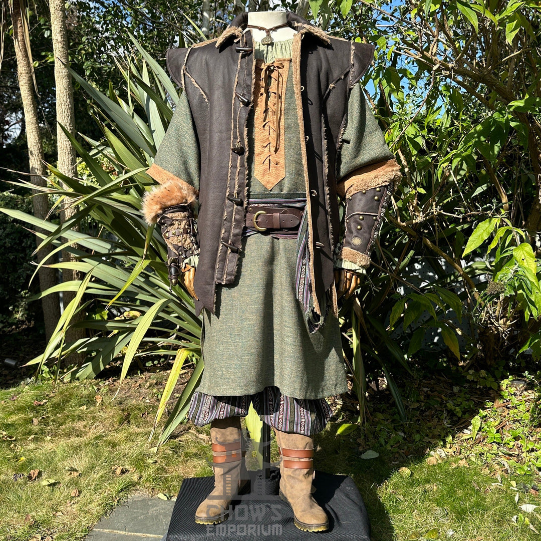 Medieval LARP outfit front view, featuring a brown waistcoat, green tunic, trousers and sash.