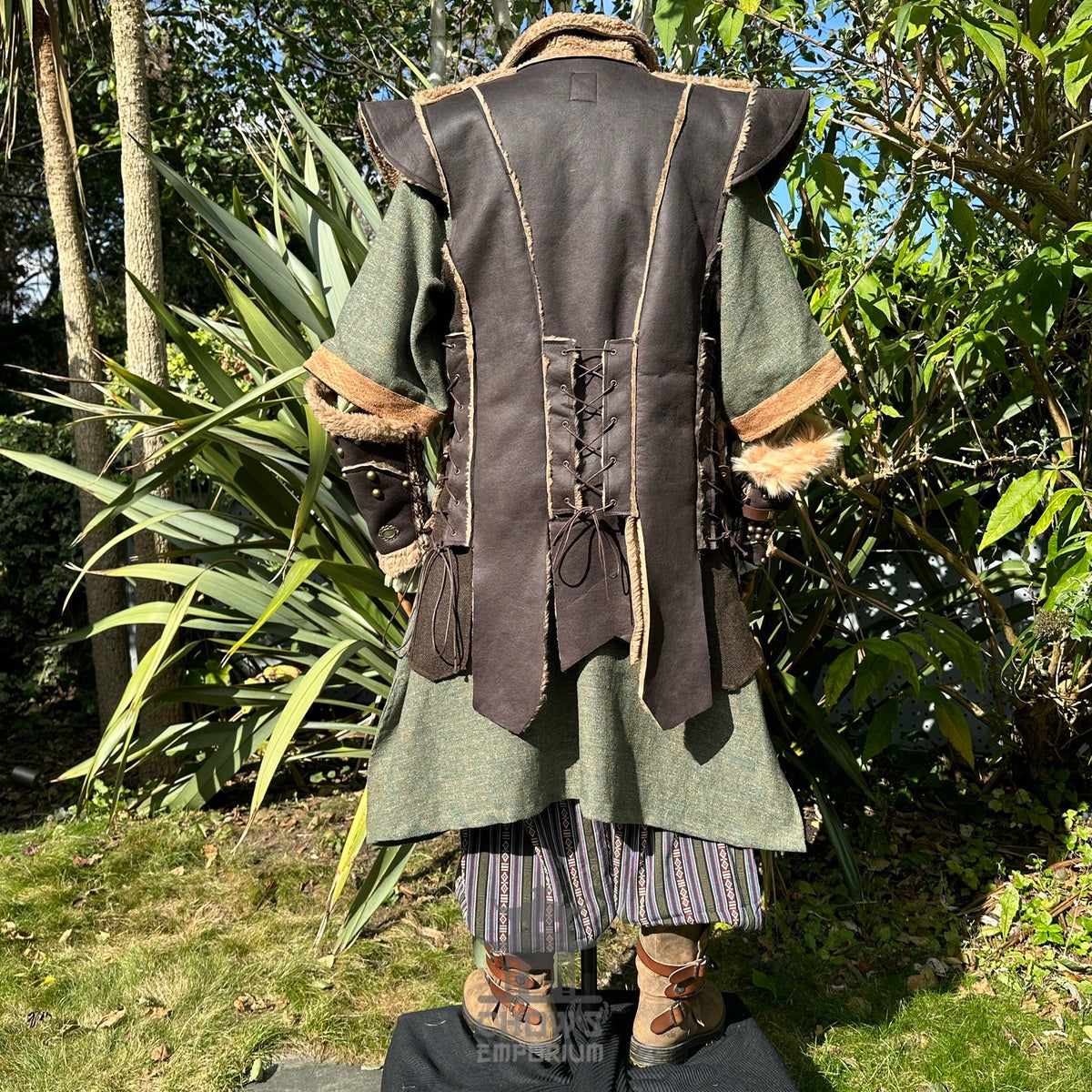 Outdoor photo of brown faux leather waistcoat for LARP.
