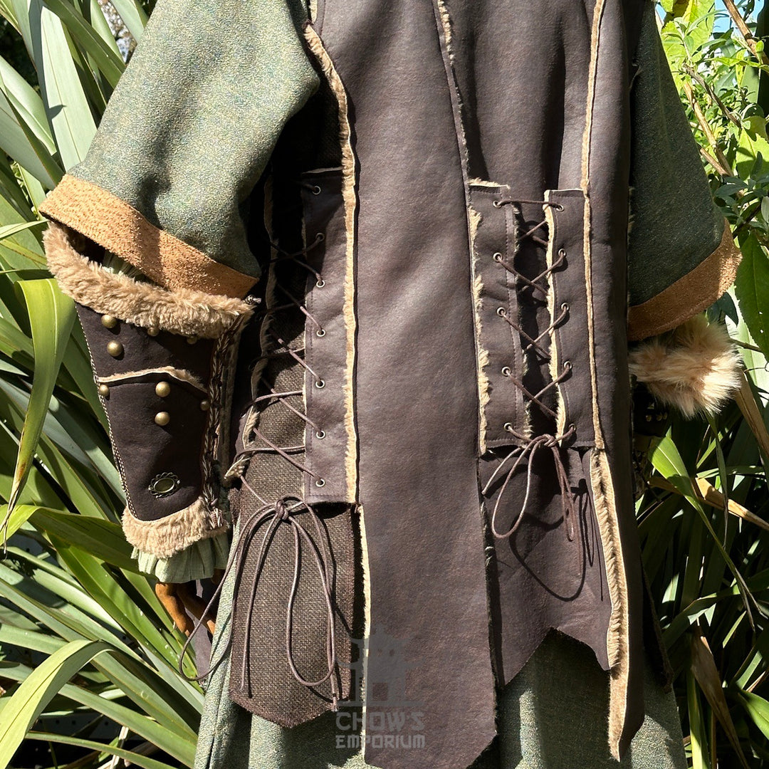 Detail shot of brown LARP waistcoat with horn toggle fastenings and layered wool panels.