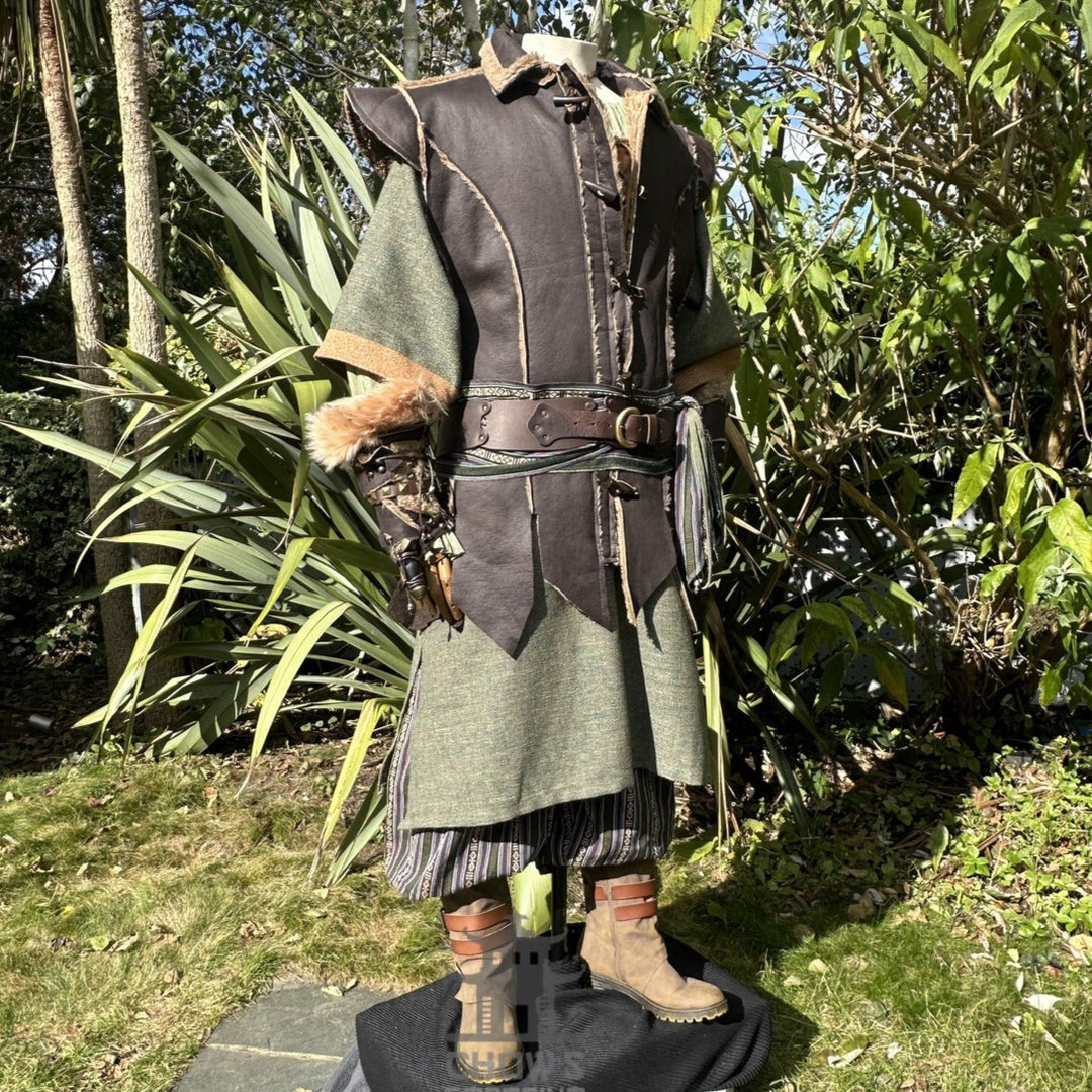 LARP ranger costume with brown leather vest, green robe.