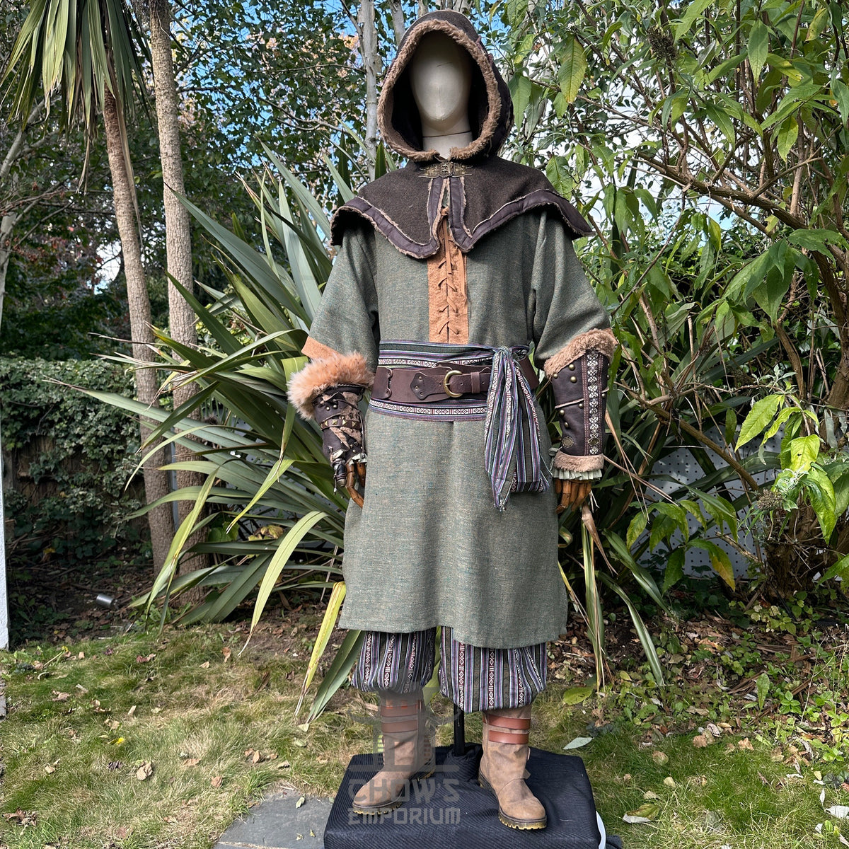 Green and brown woven medieval tunic for LARP with hood, front view.