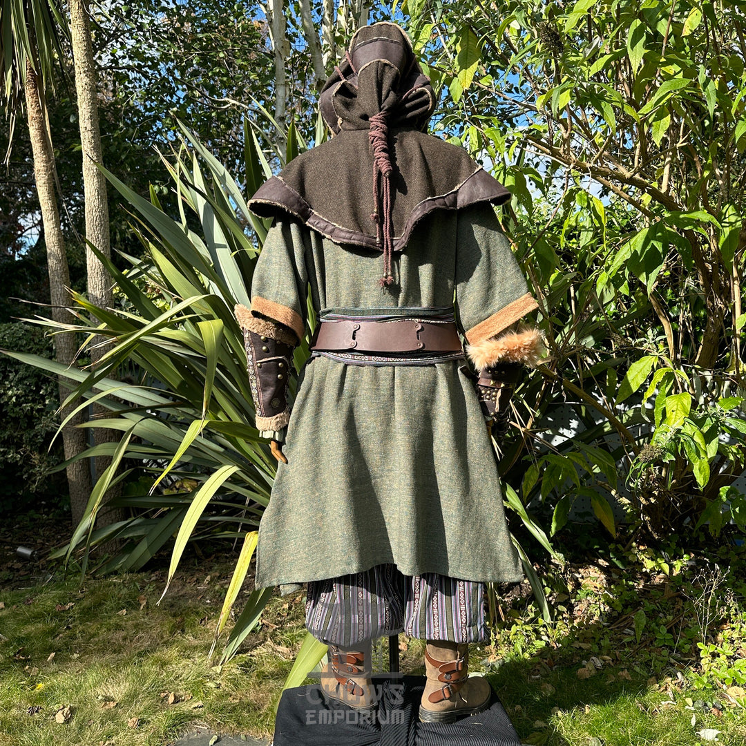 Rear view of green and brown woven medieval tunic for LARP.