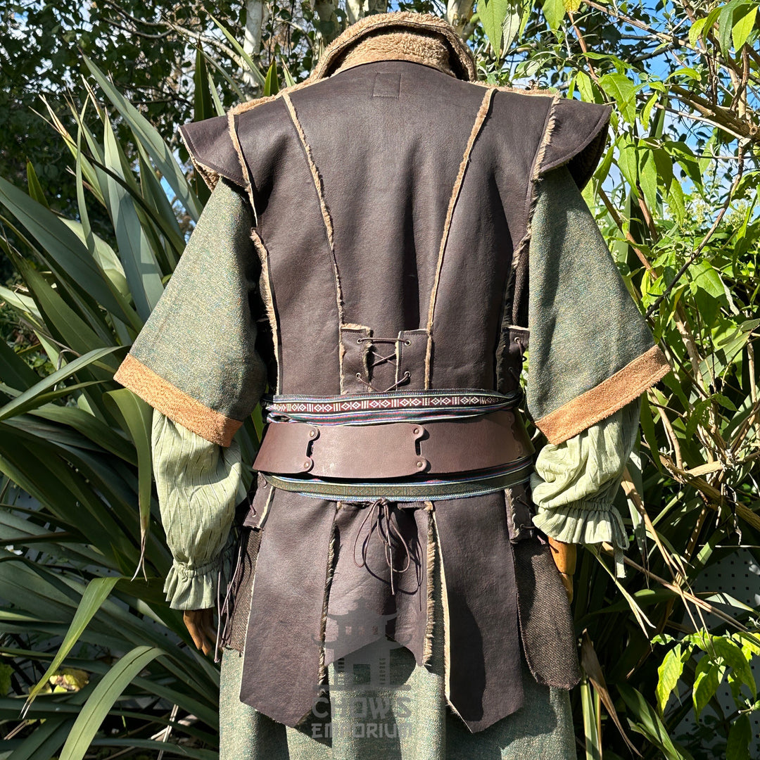 Medieval herbalist LARP outfit with dark waistcoat and sash, rear view.