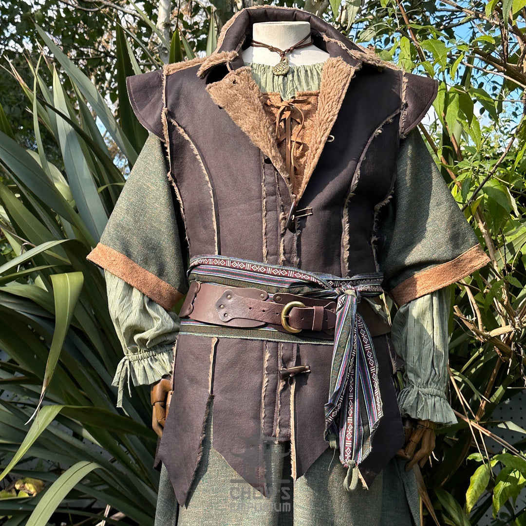 Brown faux leather LARP waistcoat with wool panels for medieval and fantasy cosplay.