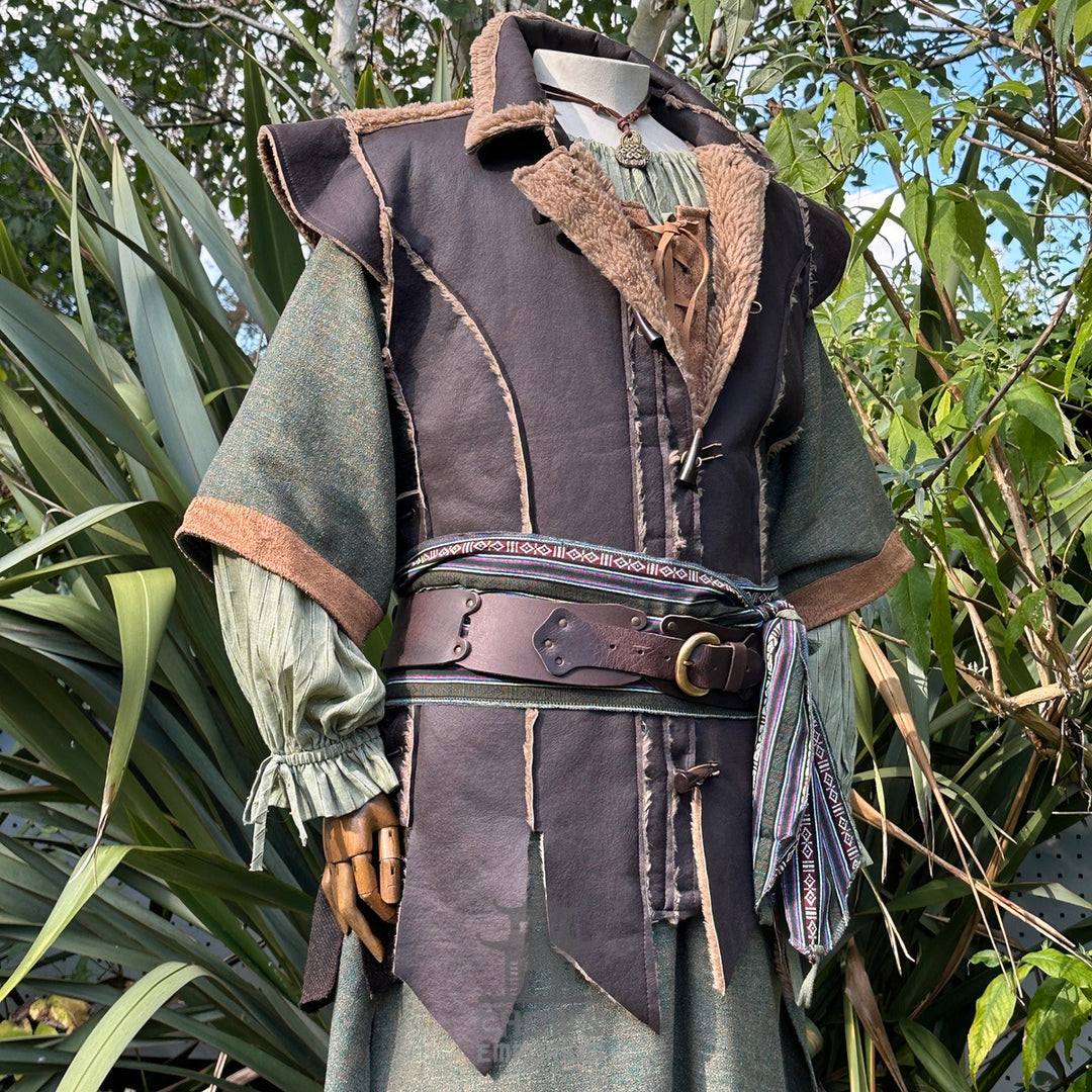 Side view of brown medieval faux leather waistcoat with drawstring cords for LARP costume.
