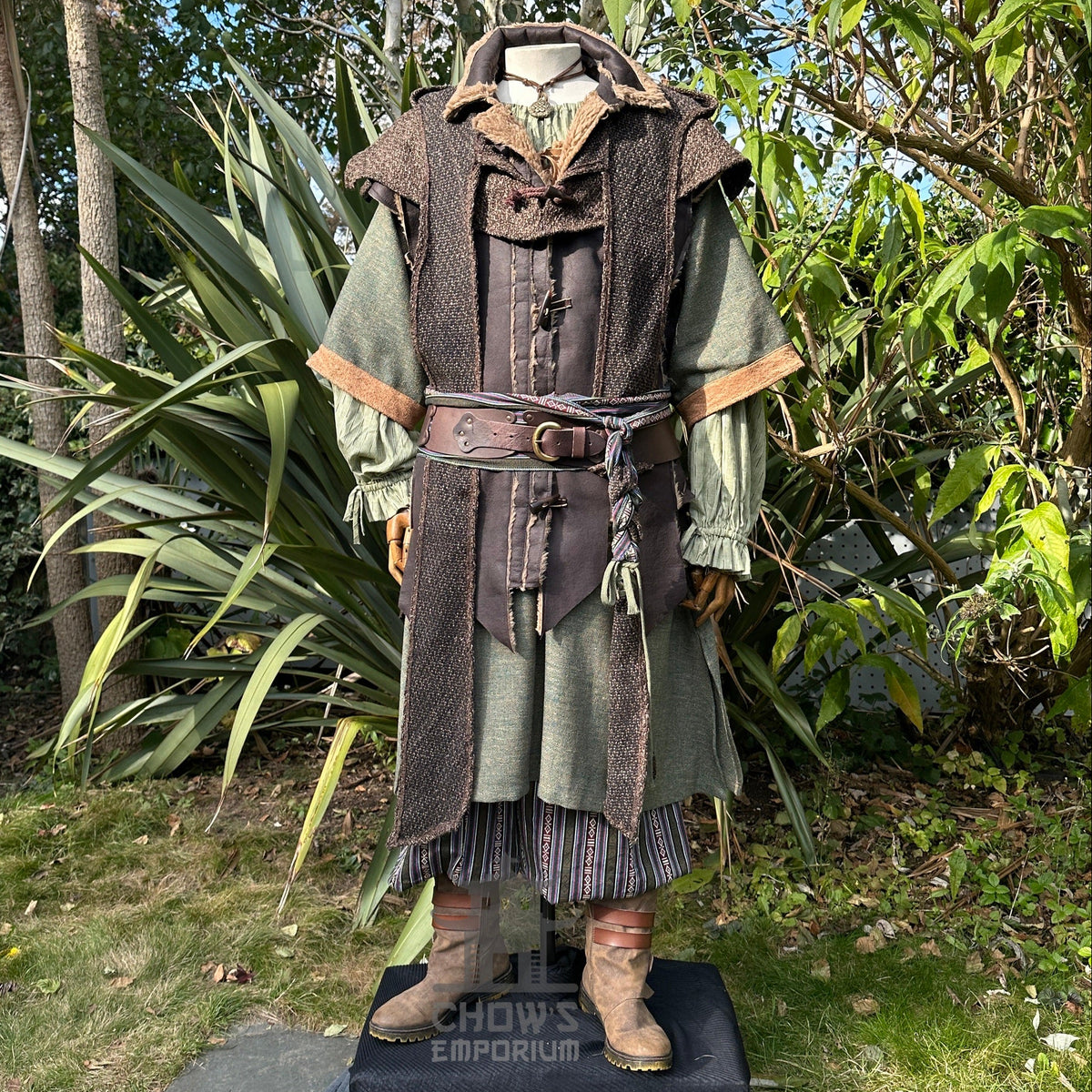 Forest Ranger LARP set with green cloak, hood, waistcoat, belt, and trousers.