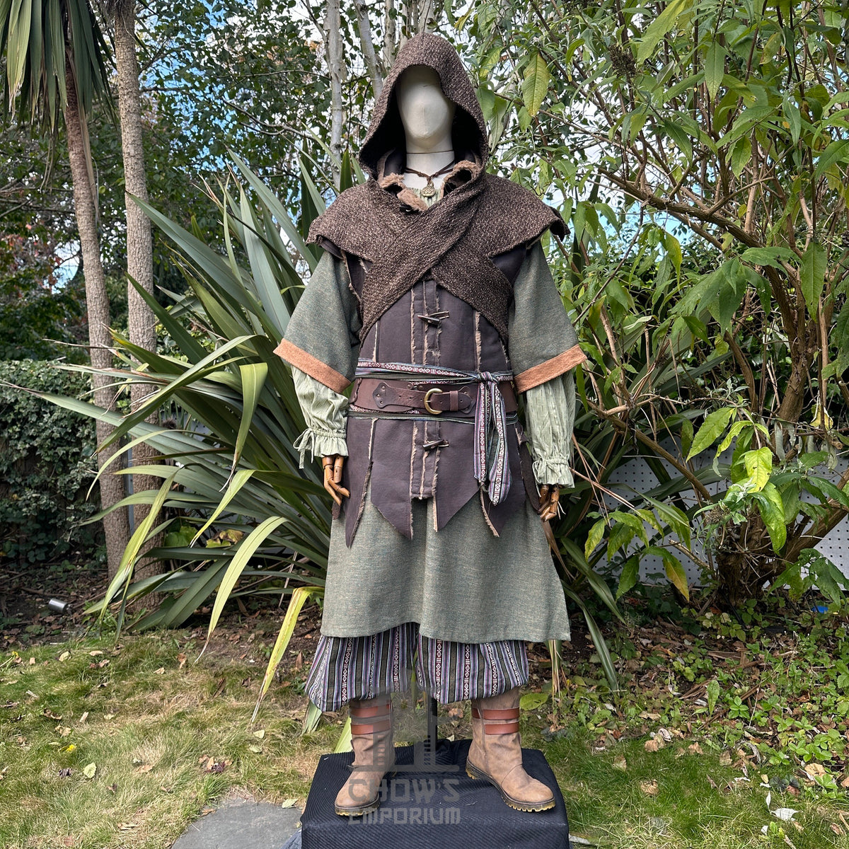 LARP forest ranger set: green cloak, brown waistcoat, hood, striped trousers.