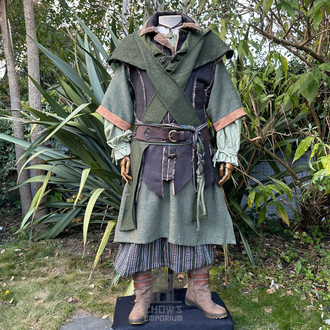 Forest Ranger LARP set with green tunic, hood, waistcoat, trousers.