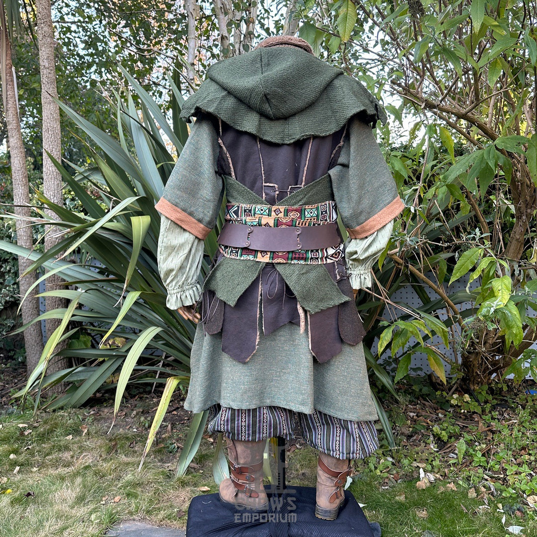 Back view of medieval LARP attire with green hood, belt, and layered tunic.