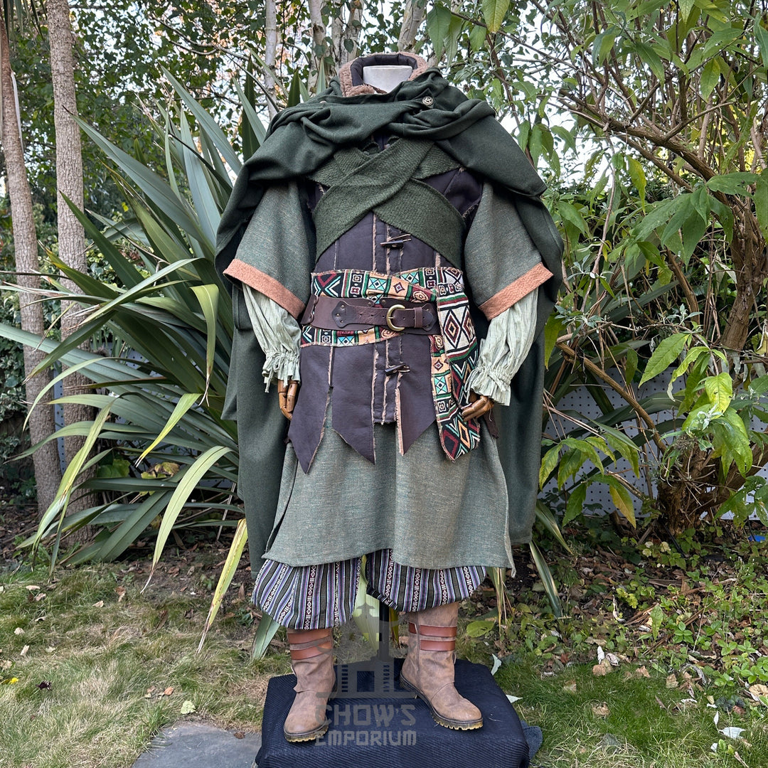 Forest LARP costume with patterned belt, layered cloak.