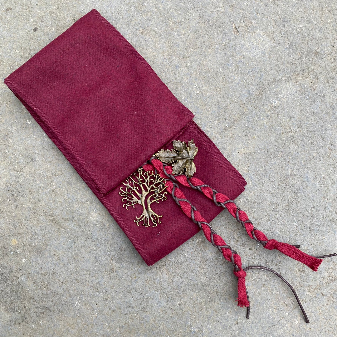 Rich red braided medieval wool sash with metal leaf and tree accents for LARP.