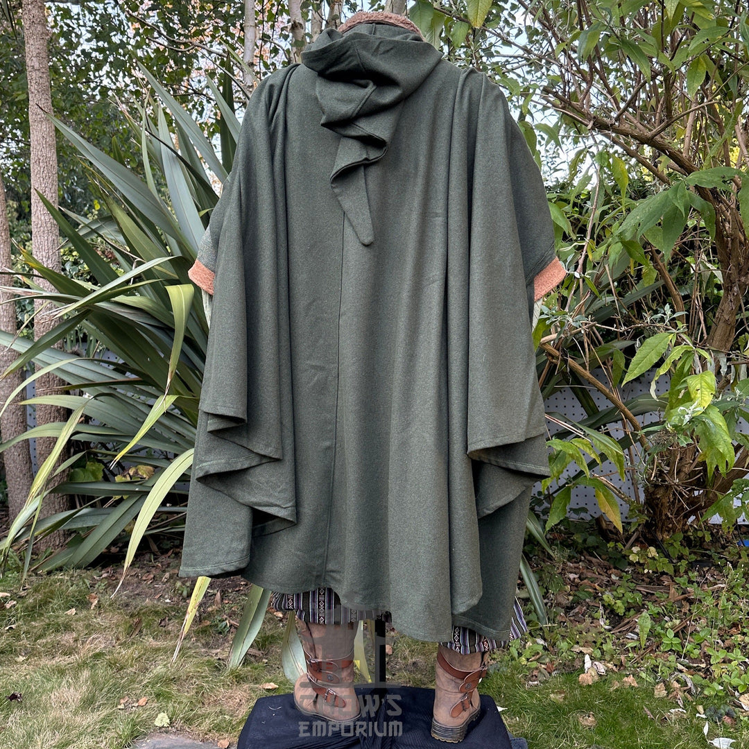 Medieval LARP outfit back view, featuring a green cloak, waistcoat, hood, shirt, trousers, belt.