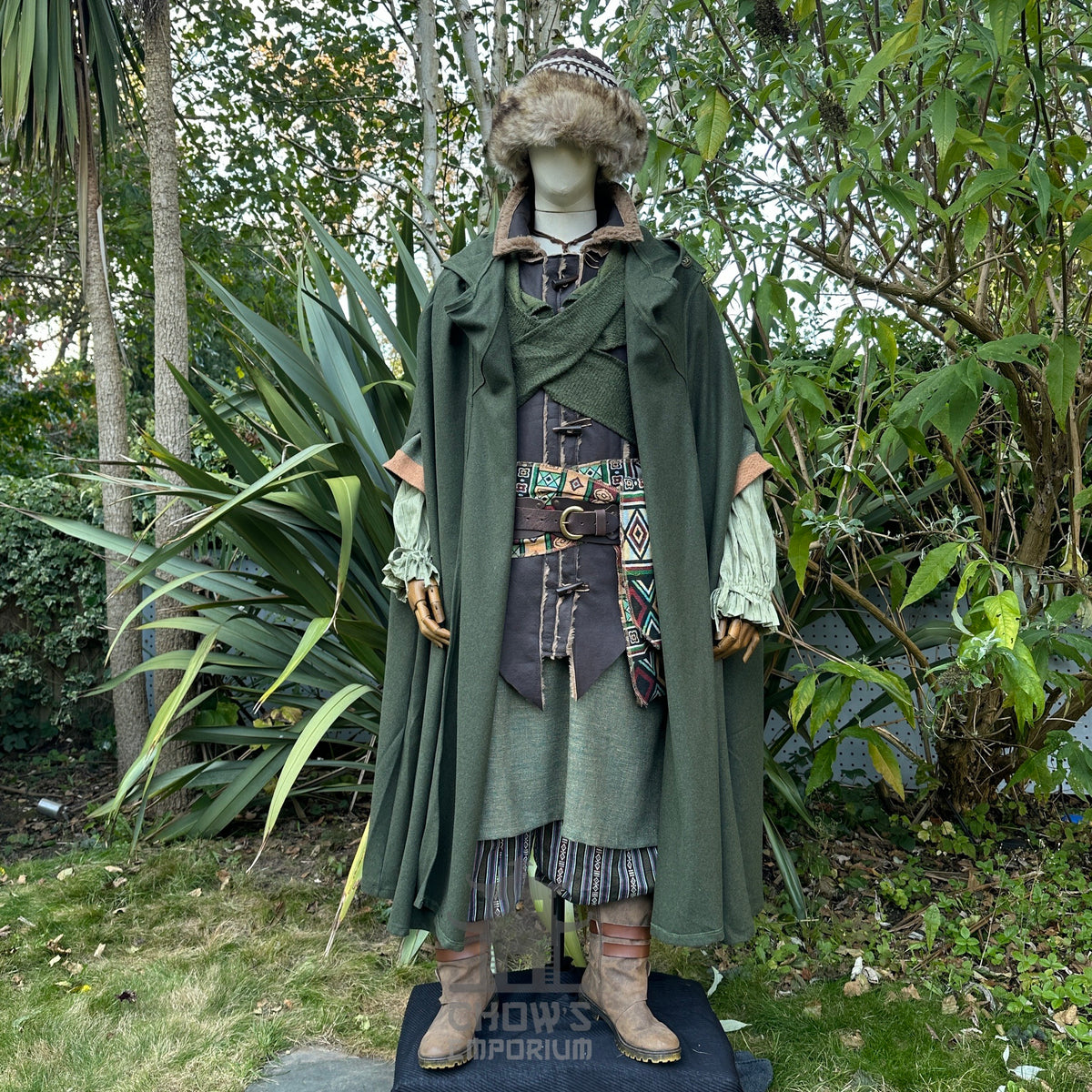 Dark green LARP forest ranger set with cloak, tunic, waistcoat, sash, and hat.