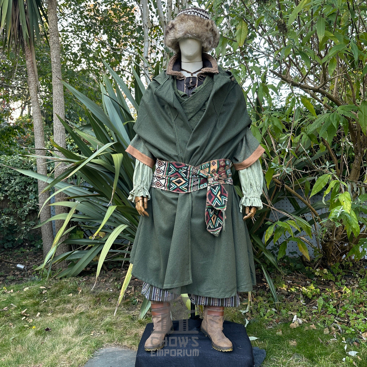 Green LARP forest ranger set with cloak, waistcoat, tunic, sash, and hat.