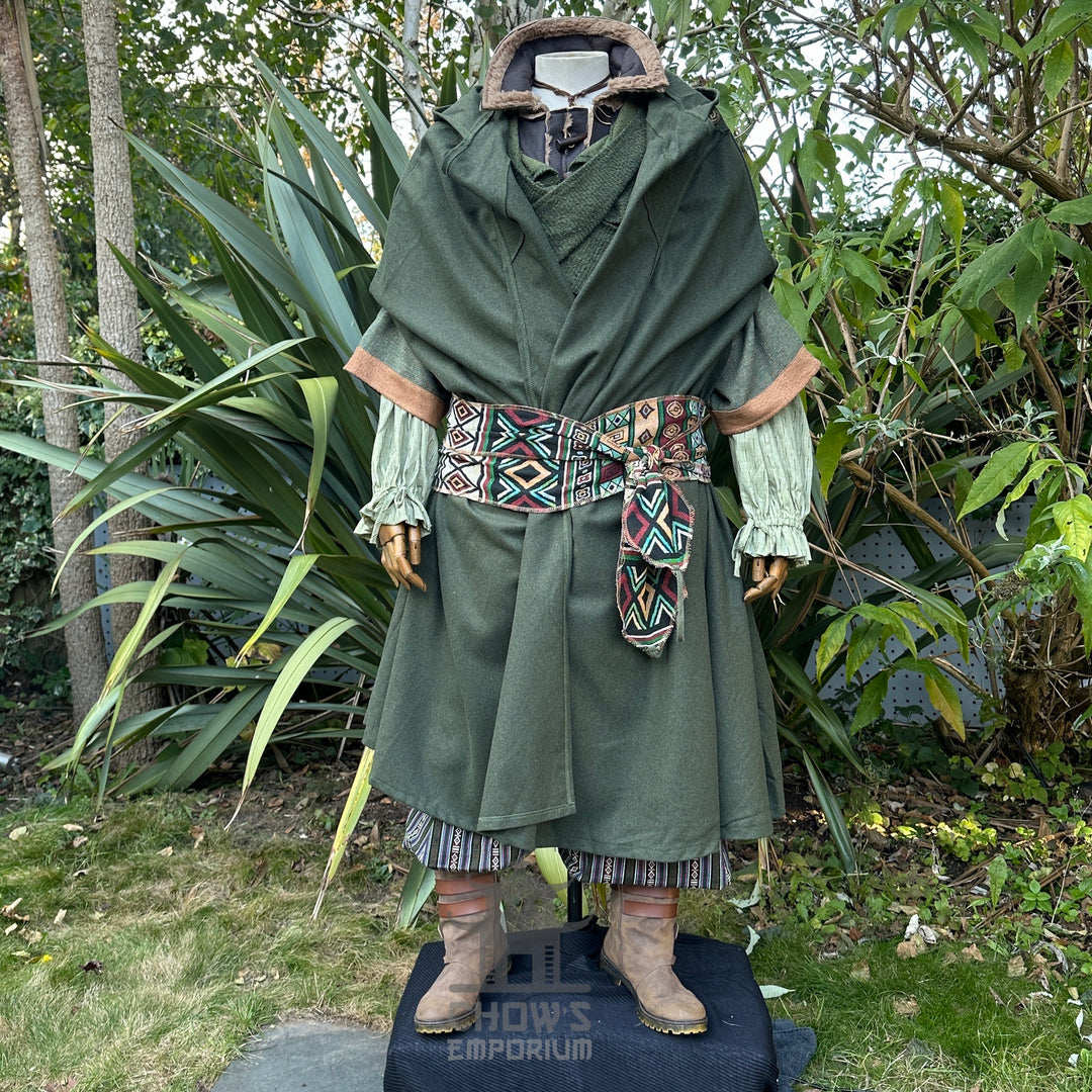 Medieval LARP ranger outfit with ornate sash, green cloak.
