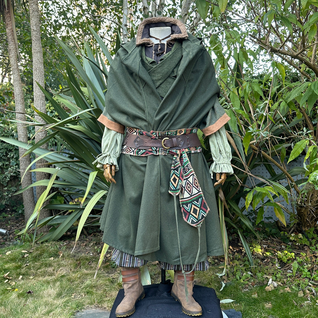 LARP green medieval cloak with patterned belt and layered outfit.