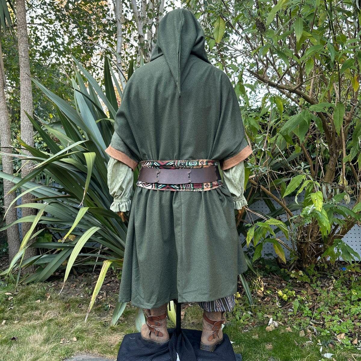 Back view of green hooded LARP cloak, medieval fantasy cosplay costume ideal for rangers.