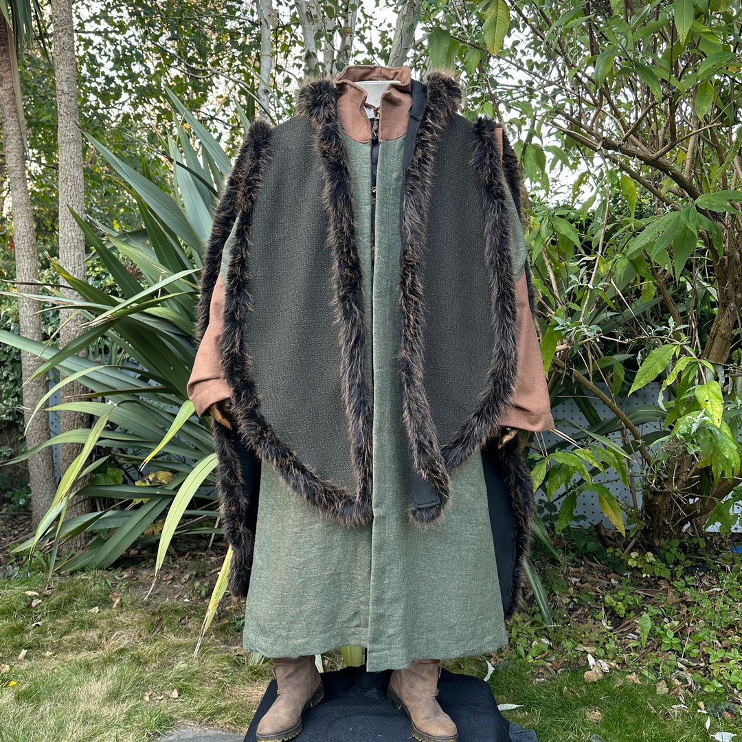 Viking LARP fur trim cape in green and brown, front view.