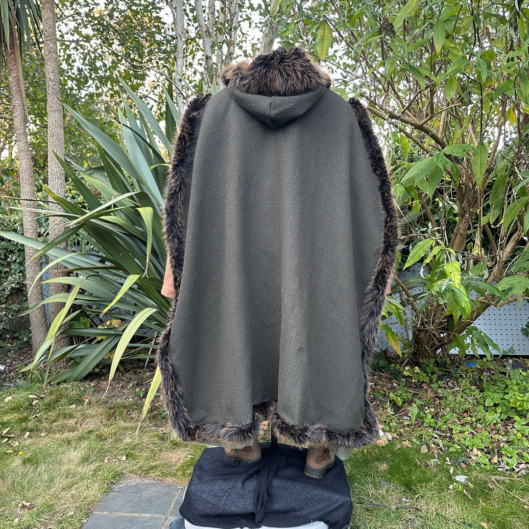 Green and brown Viking fur trim cape, rear view for LARP.
