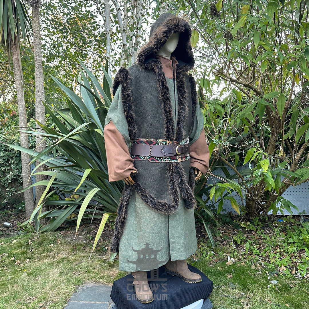 LARP medieval outfit front view, detailed fur trim hooded cape, colourful belt.