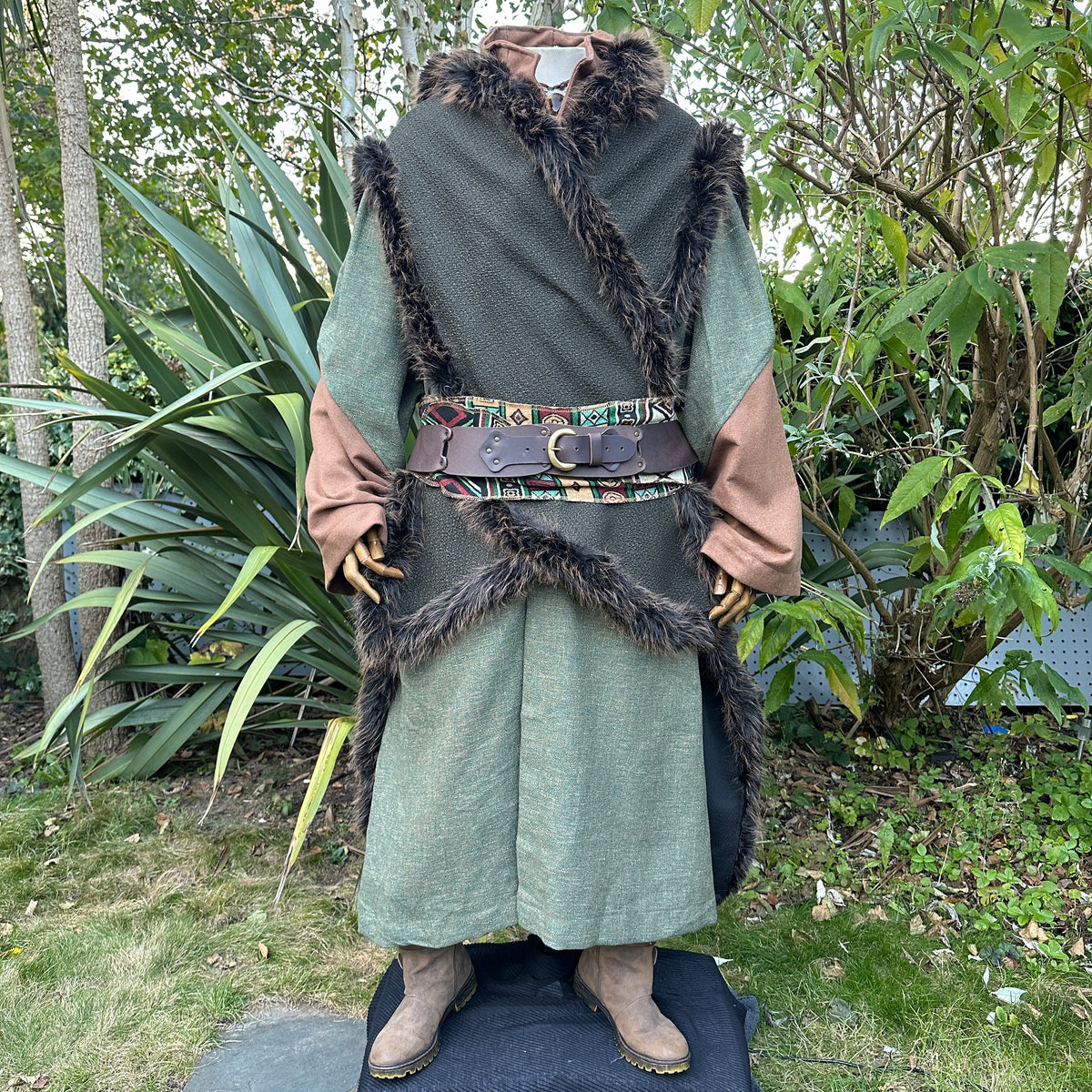 Viking green and brown fur trim cape, front view, ideal for medieval LARP.