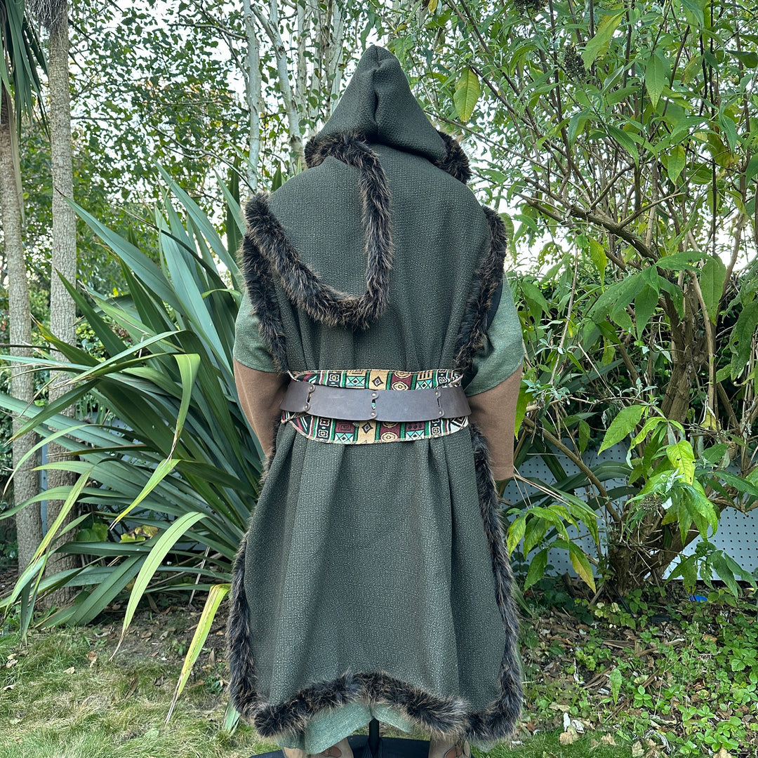 Viking fur-trimmed green cape with hood, perfect for medieval LARP events.