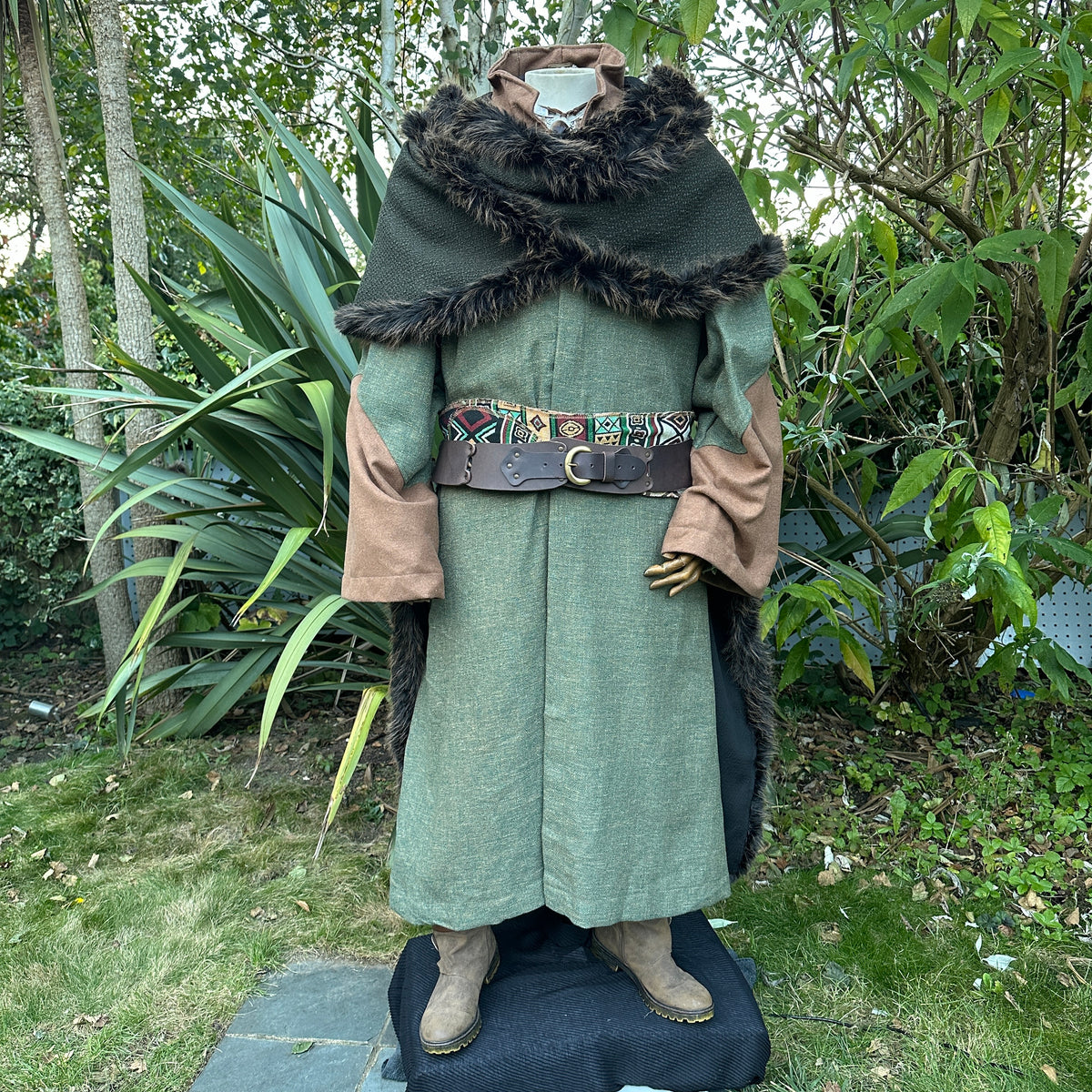 Green and brown Viking fur trim cape, front view for LARP.