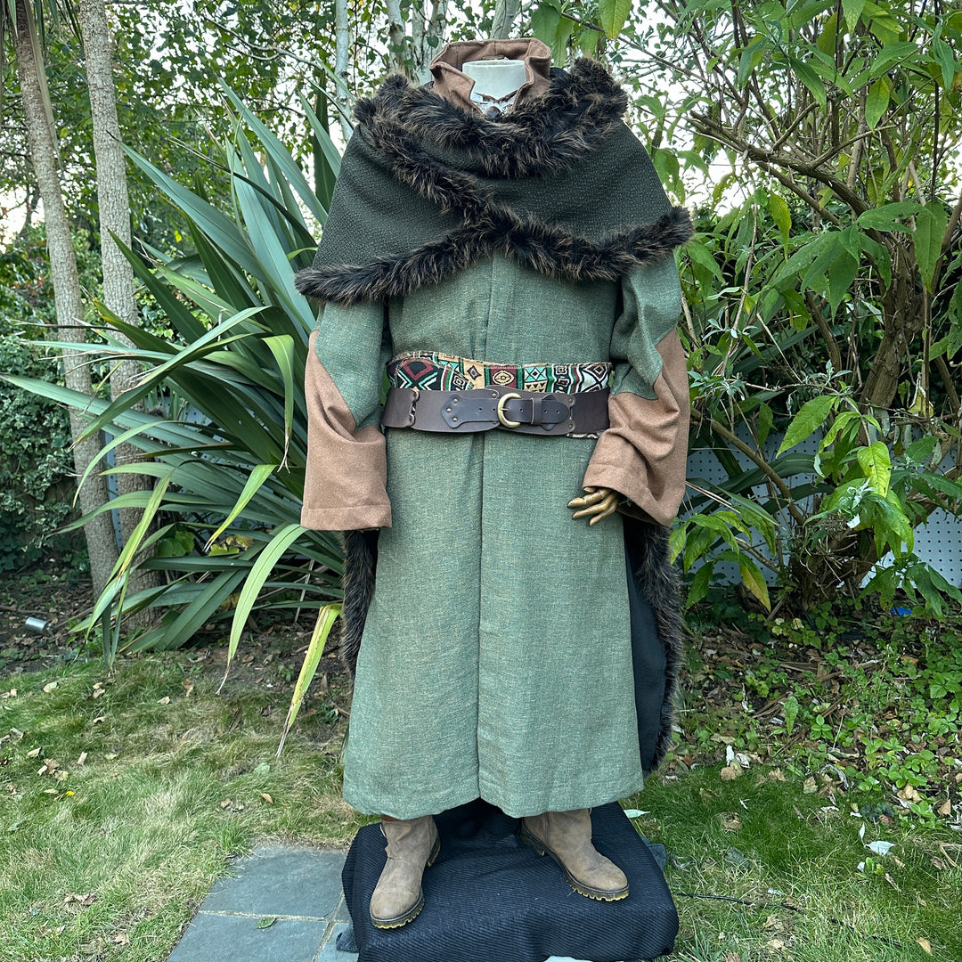 Green and brown Viking fur trim cape, front view for LARP.