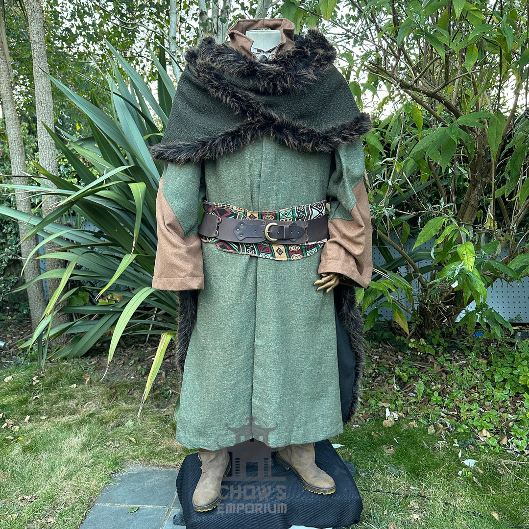 Green LARP warlock robe with ornate belt, brown sleeves, and fur trim.