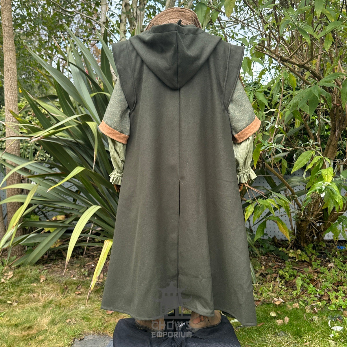 Green hooded sleeveless LARP robe, back view on mannequin.