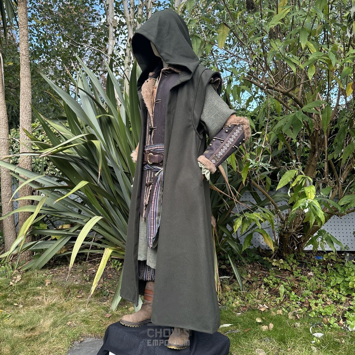 Dark green medieval LARP ensemble with hooded robe.